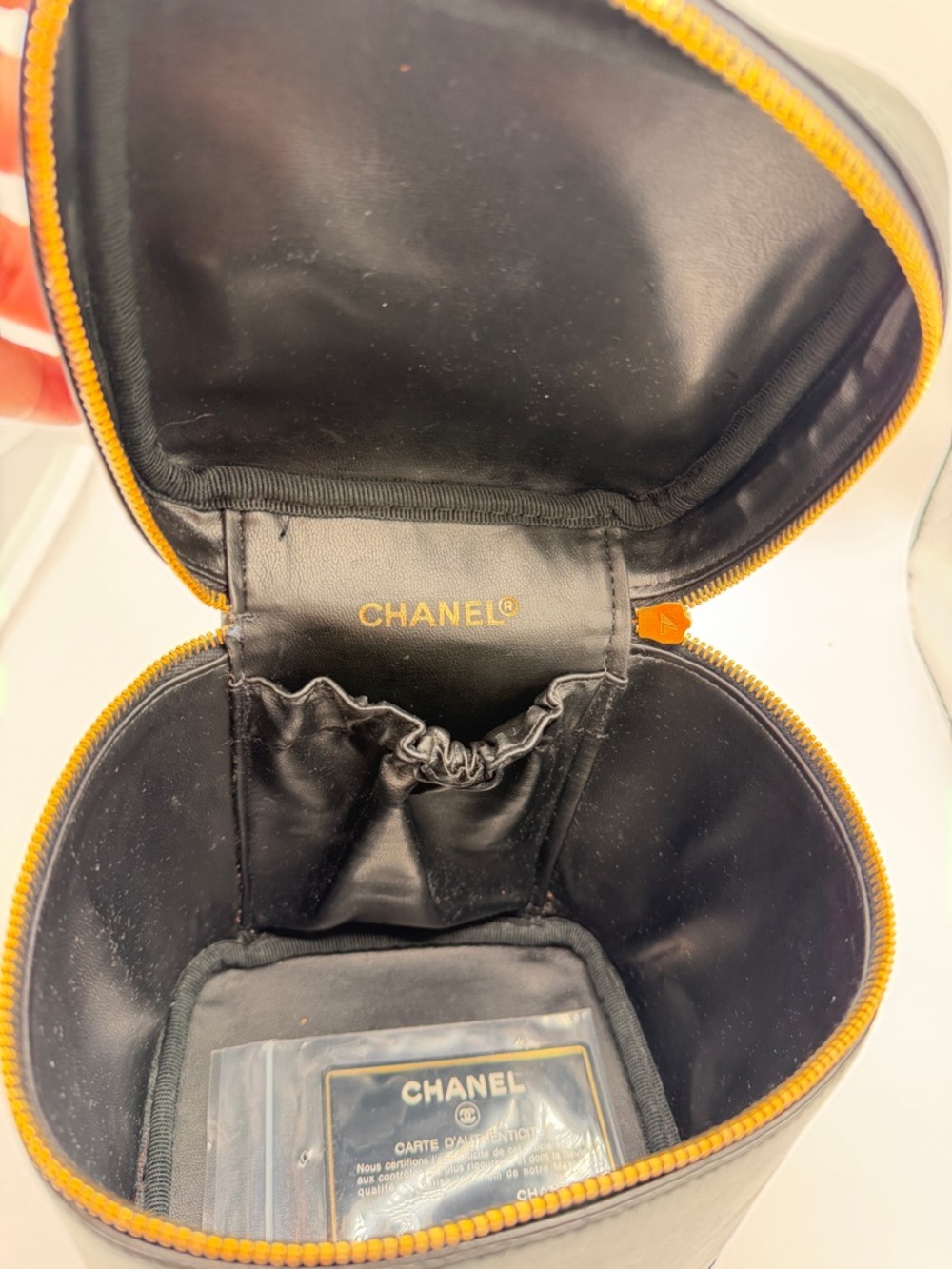 Vintage CHANEL Lambskin CC Logo Vanity Cosmetic Bag Handbag Black Gold with Card - Picture 10 of 16